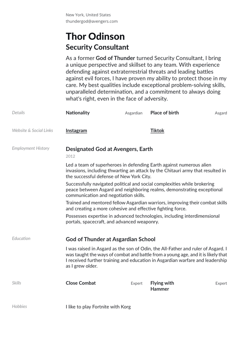 Screenshot of a resume in minimal design